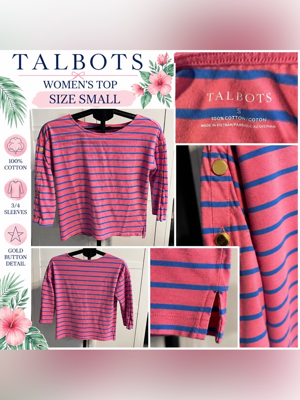 Talbots Pink & Blue Striped 3/4 Sleeve Top with Gold Buttons - Size Small